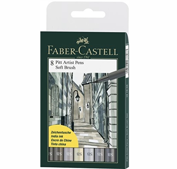 Մարկեր նկարչական Faber-Castell 8 հատ ||Капиллярные ручки Faber-Castell Pitt Artist Pen Soft Brush, оттенки серого, в пласт упаковке, 8 шт