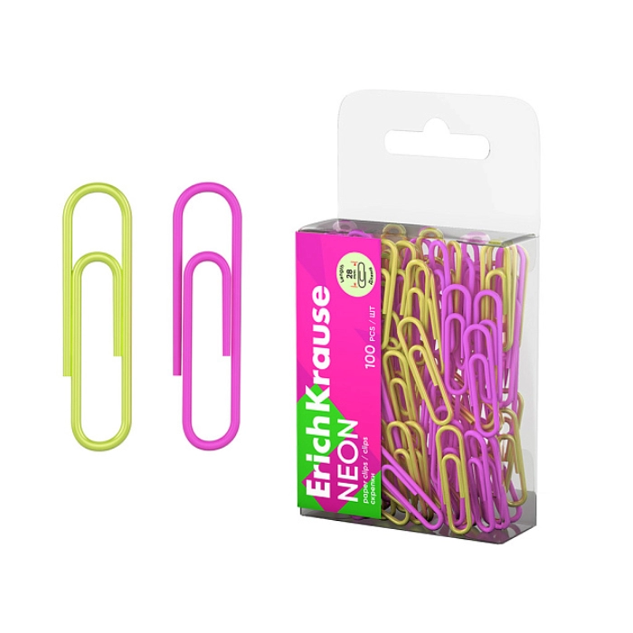 Ամրակ գունավոր ErichKrause Neon 28մմ 100 հատ 62043 ||Скрепки цветные ErichKrause Neon 28мм 100 шт. 62043 ||Paper clips colored ErichKrause Neon 28mm 100 pcs 62043