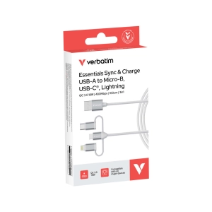 Լար Verbatim Essentials 3-ը 1-ում USB-A-ից Micro-B/USB-C/Lightning ||Кабель Verbatim Essentials 3-в-1: USB-A — Micro-B/USB-C/Lightning ||Verbatim Essentials 3-in-1 Sync & Charge Cable - 18W USB-A to Micro-B, USB-C and Lightning