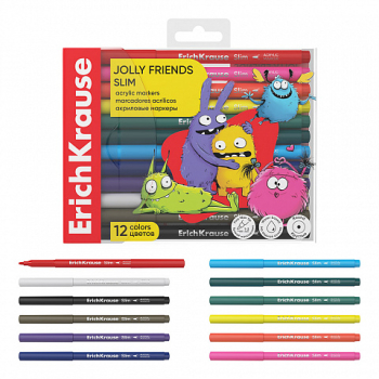  ErichKrause TJolly Friends Slim  Acrylic Markers, 12 Colors 65461