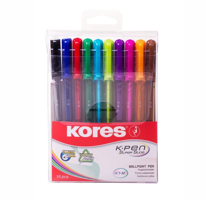 Գունավոր գրիչներ Kores 1 մմ 10 գույն ||Набор шариковых ручек одноразовых Kores K1-M 10 цветов (толщина линии 0.7 мм)