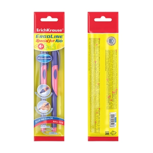 Գրիչ կապույտ գնդիկավոր տուփով 2 հատ ErichKrause ErgoLine® 0.7 58526 ||Набор из 2 ручек шариковых ErichKrause ErgoLine® Kids Stick&Grip Neon 0.7, Super Glide Technology, цвет чернил синий, розов грип 58526